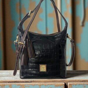Dooney & Bourke Black & Brown Embossed Leather Oakdale Paige Tassel Crossbody